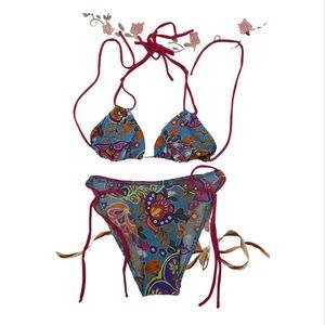 Gorgeous Roberto Cavalli freedom printed teal string bikini bottom IT 42 top 40